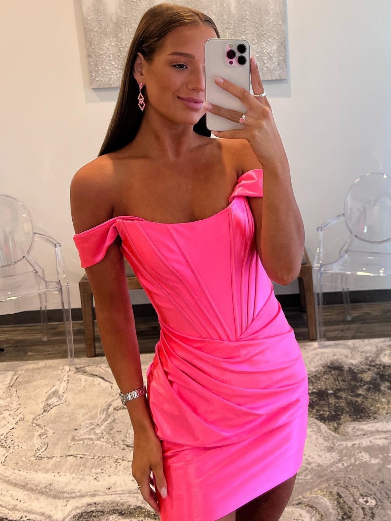 Ariana Sheath Off-Shoulder Short Satin Homecoming Dress