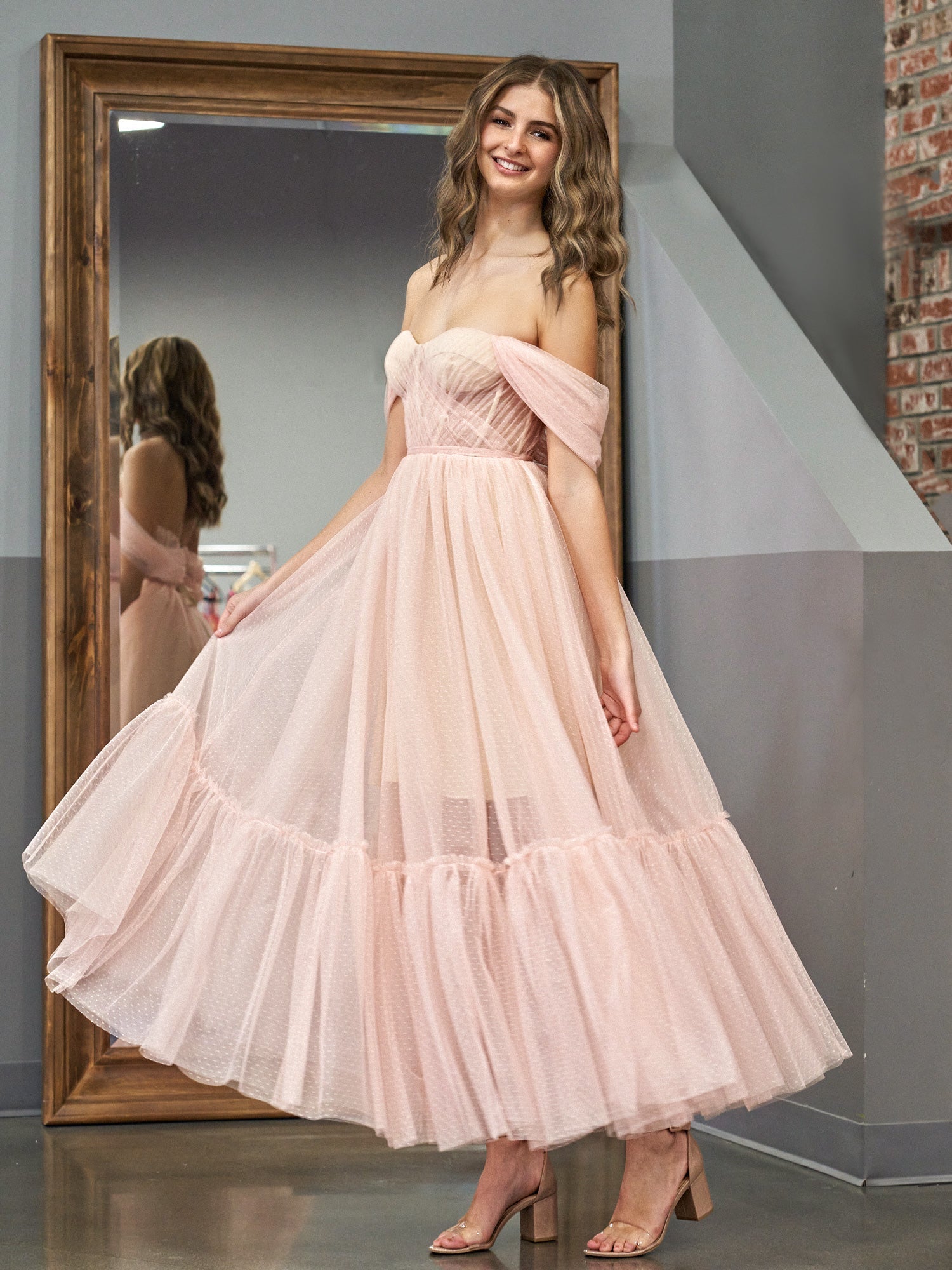 Nova A-Line Rose Pink Tulle Sweetheart Tea-Length Prom Dress