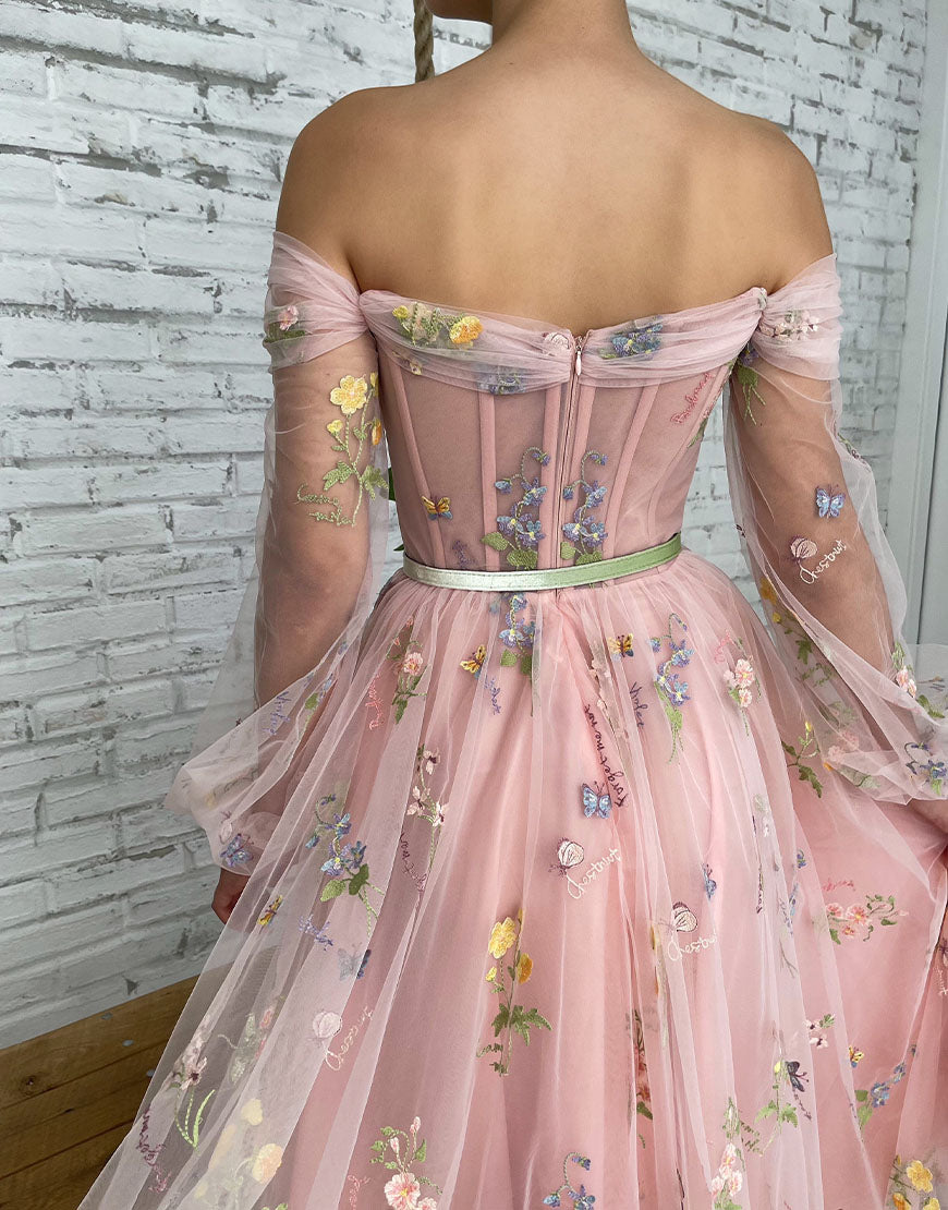 Dorothea A-Line Light Pink Embroidered Off-the-Shoulder Prom Dress