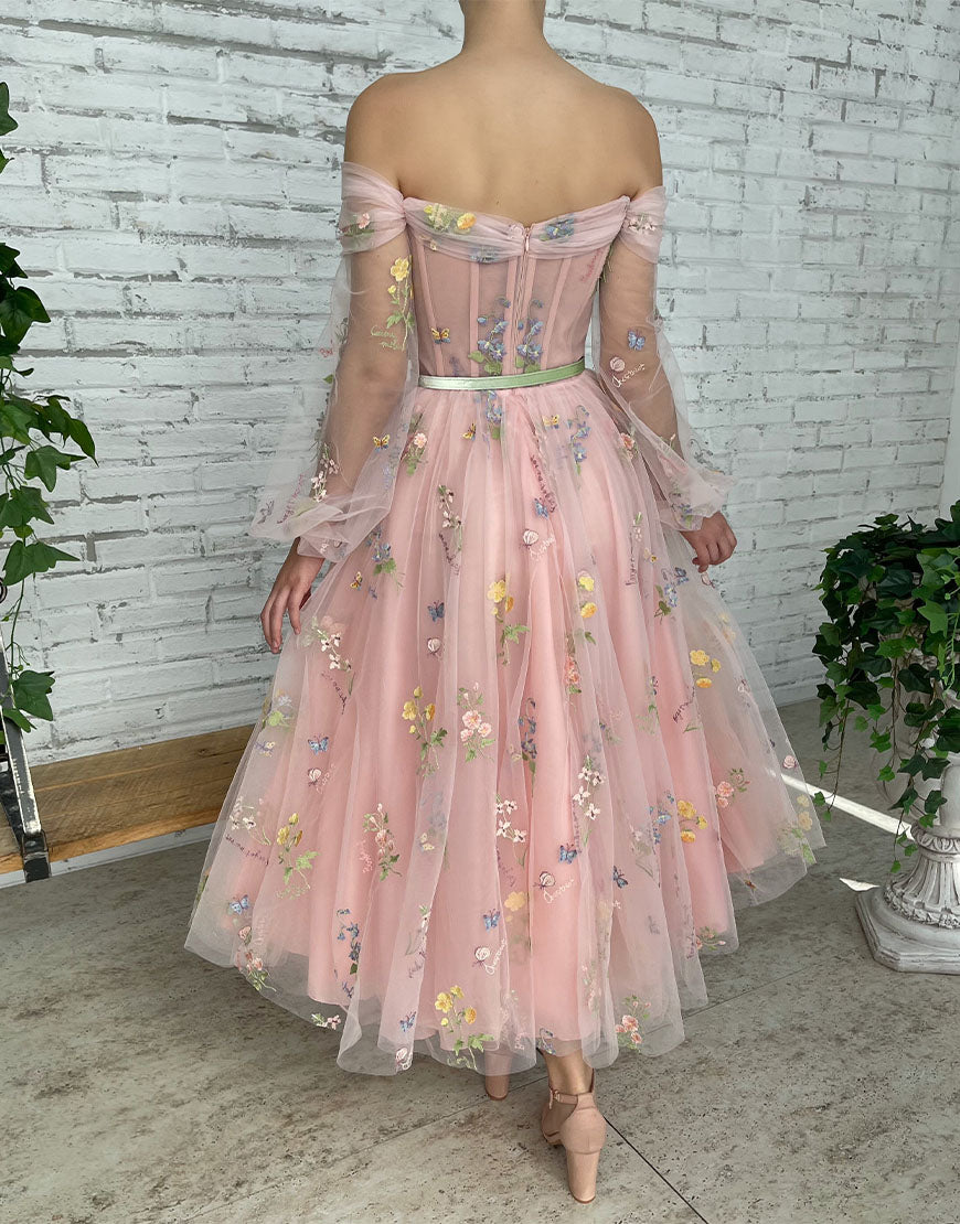 Dorothea A-Line Light Pink Embroidered Off-the-Shoulder Prom Dress