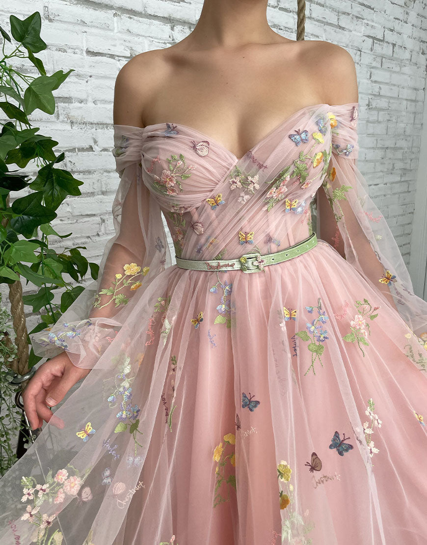 Dorothea A-Line Light Pink Embroidered Off-the-Shoulder Prom Dress