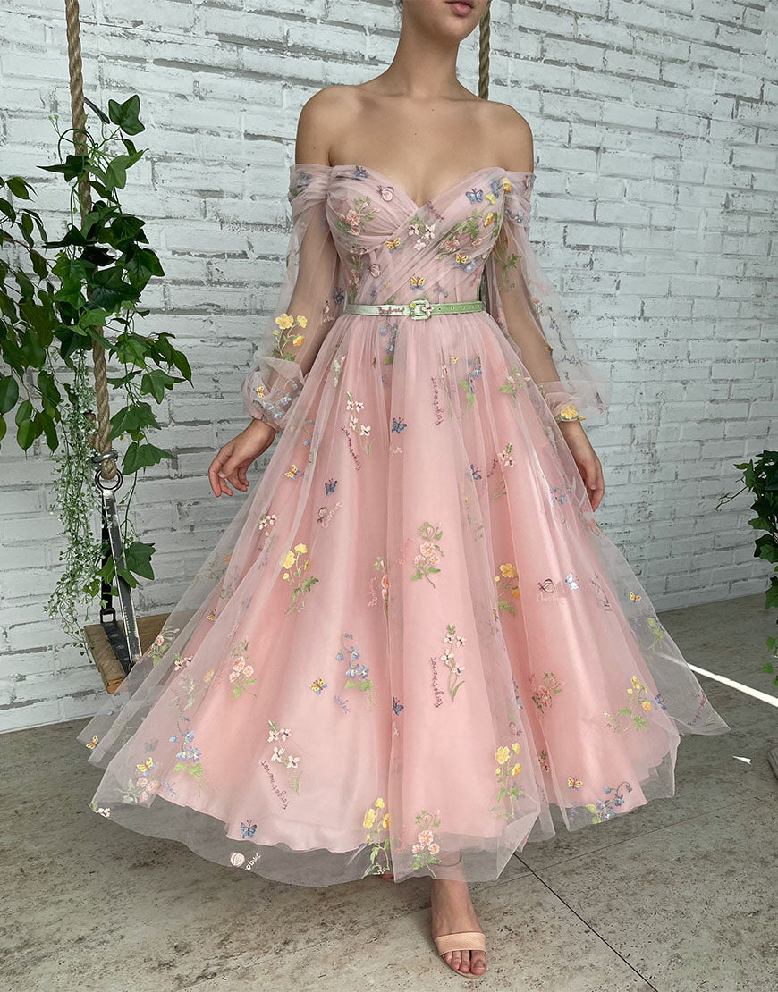 Dorothea A-Line Light Pink Embroidered Off-the-Shoulder Prom Dress