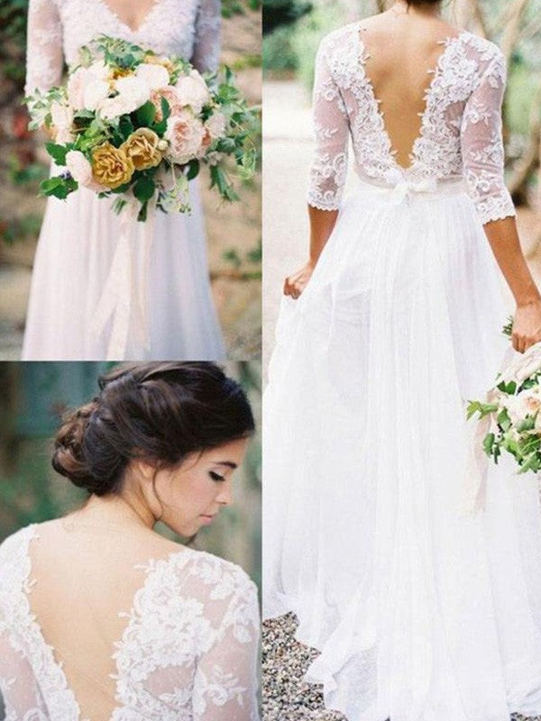 A-Line/Princess 1/2 Sleeves V-neck Floor-Length Applique Lace Chiffon Wedding Dresses