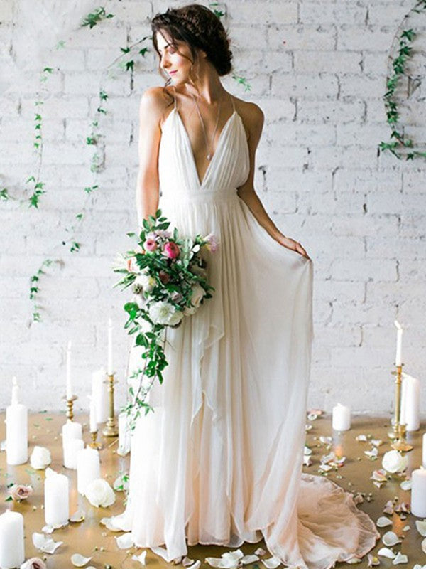 A-Line/Princess Chiffon Sleeveless Ruffles Spaghetti Straps Sweep/Brush Train Wedding Dresses