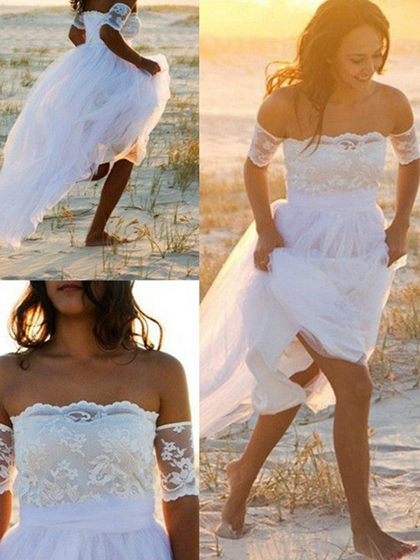 A-Line/Princess Chiffon Sleeveless Off-the-Shoulder Lace Floor-Length Wedding Dresses