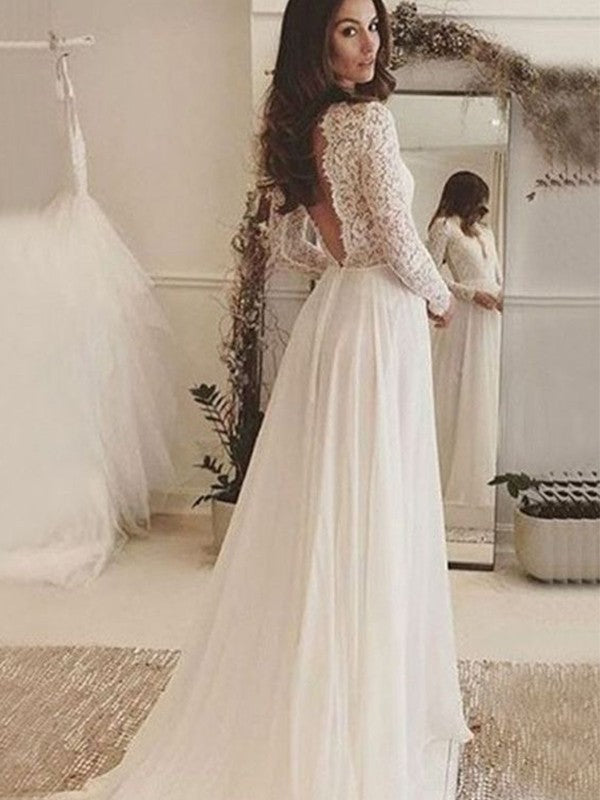 A-Line/Princess Chiffon Lace Scoop Long Sleeves Sweep/Brush Train Wedding Dresses