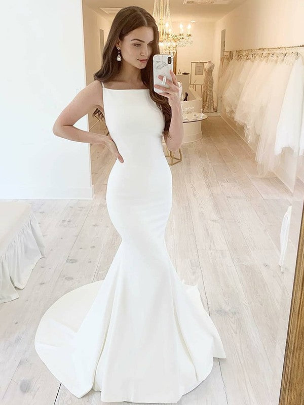 Trumpet/Mermaid Stretch Crepe Square Sleeveless Ruffles Sweep/Brush Train Wedding Dresses