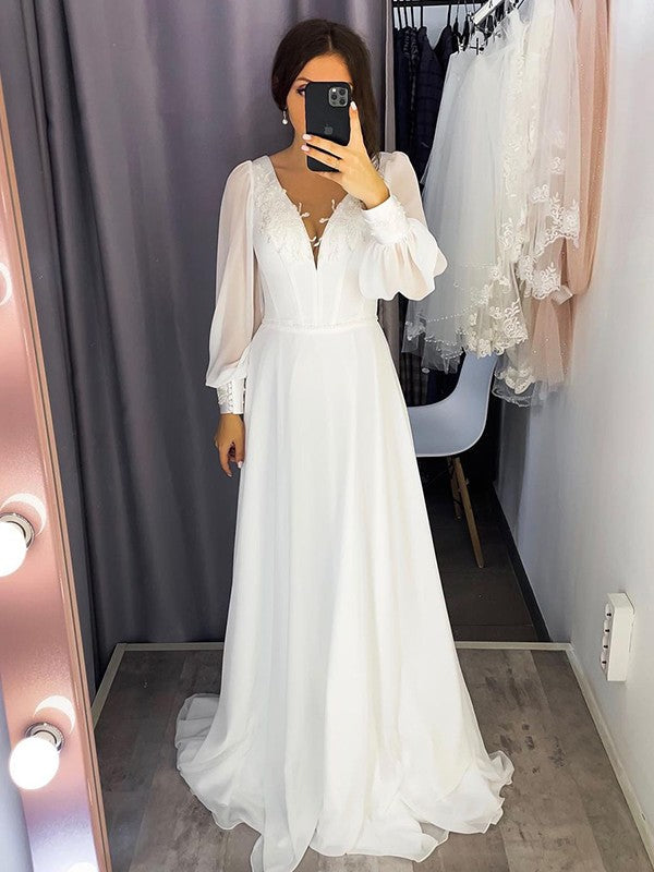 A-Line/Princess Chiffon Ruffles V-neck Long Sleeves Sweep/Brush Train Wedding Dresses