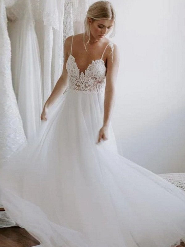 A-Line/Princess Lace Applique V-neck Sleeveless Sweep/Brush Train Wedding Dresses