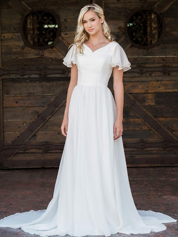 A-Line/Princess Chiffon Ruffles V-neck Short Sleeves Sweep/Brush Train Wedding Dresses