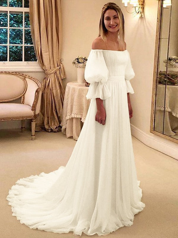 A-Line/Princess Chiffon Ruffles Off-the-Shoulder 3/4 Sleeves Sweep/Brush Train Wedding Dresses