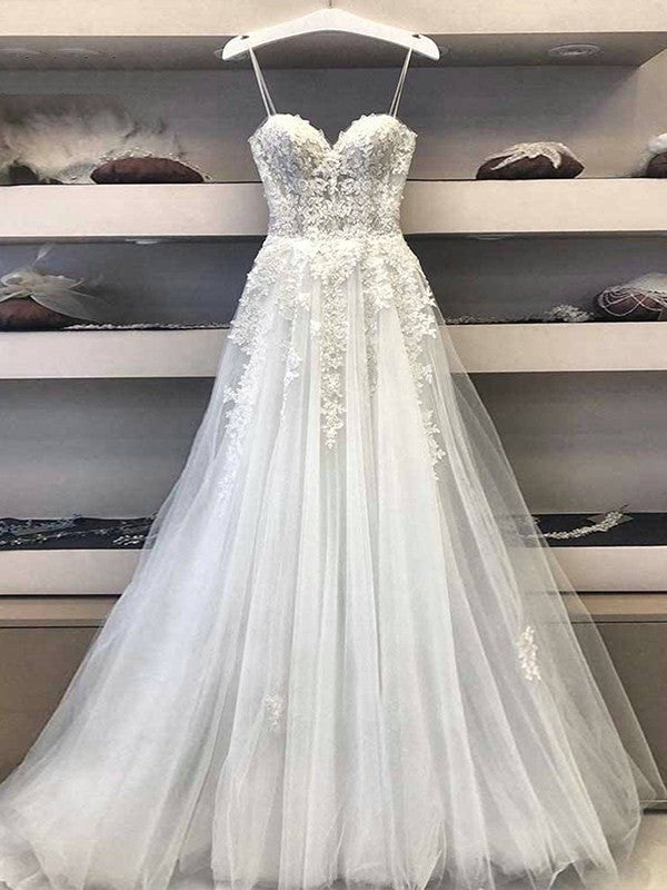 A-Line/Princess Lace Applique Sweetheart Sleeveless Floor-Length Wedding Dresses