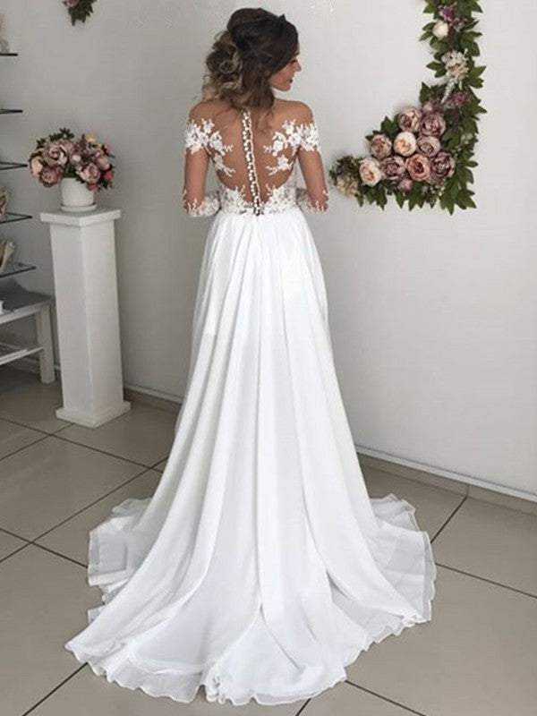 A-Line/Princess Chiffon Applique Scoop Long Sleeves Sweep/Brush Train Wedding Dresses