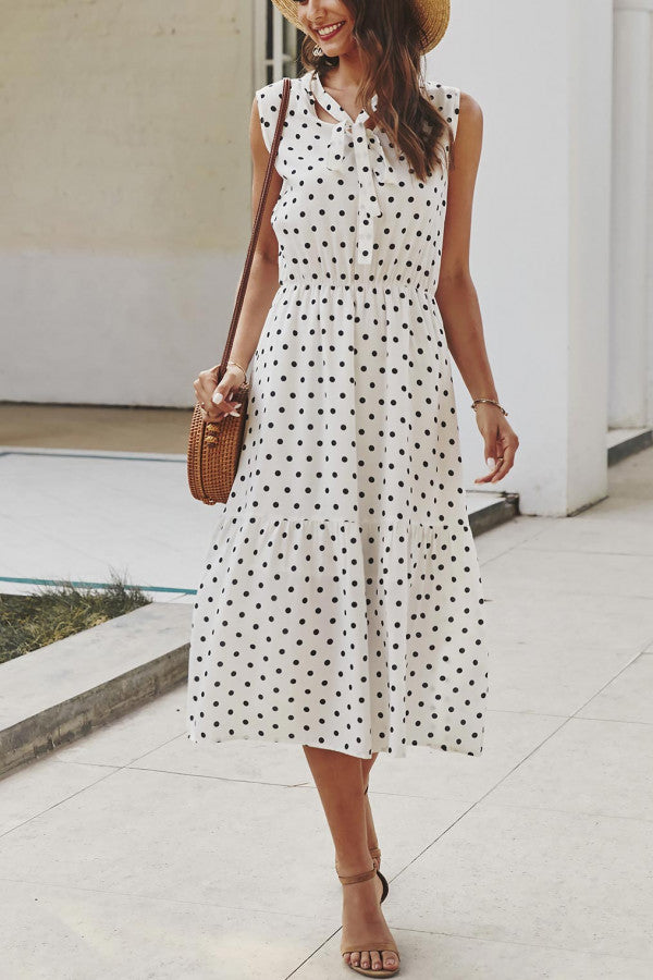 Polka Dot Tie Neck Sleeveless Dress - Mislish