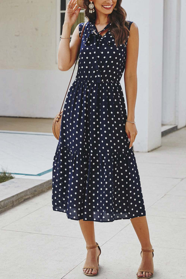 Polka Dot Tie Neck Sleeveless Dress - Mislish