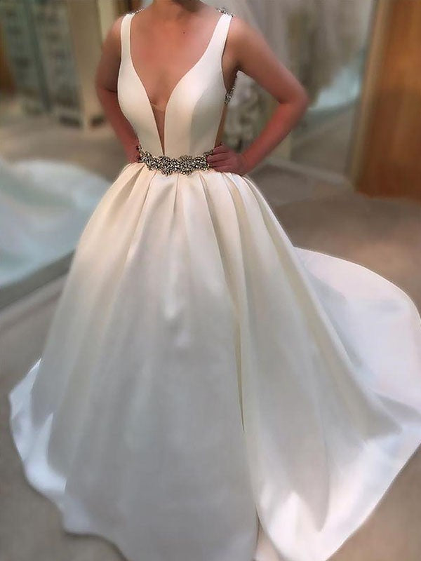 A-Line/Princess Court Train Satin V-neck Sleeveless Wedding Dresses