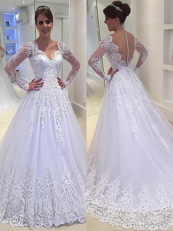 A-Line/Princess Applique V-neck Court Train Tulle Long Sleeves Wedding Dresses