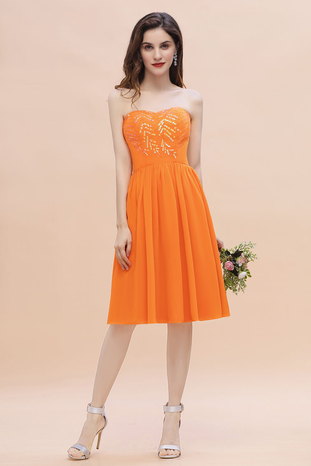 Pretty Strapless Sweetheart Chiffon Sequins Short Bridesmaid Dresses with Ruffles - Fashionpara