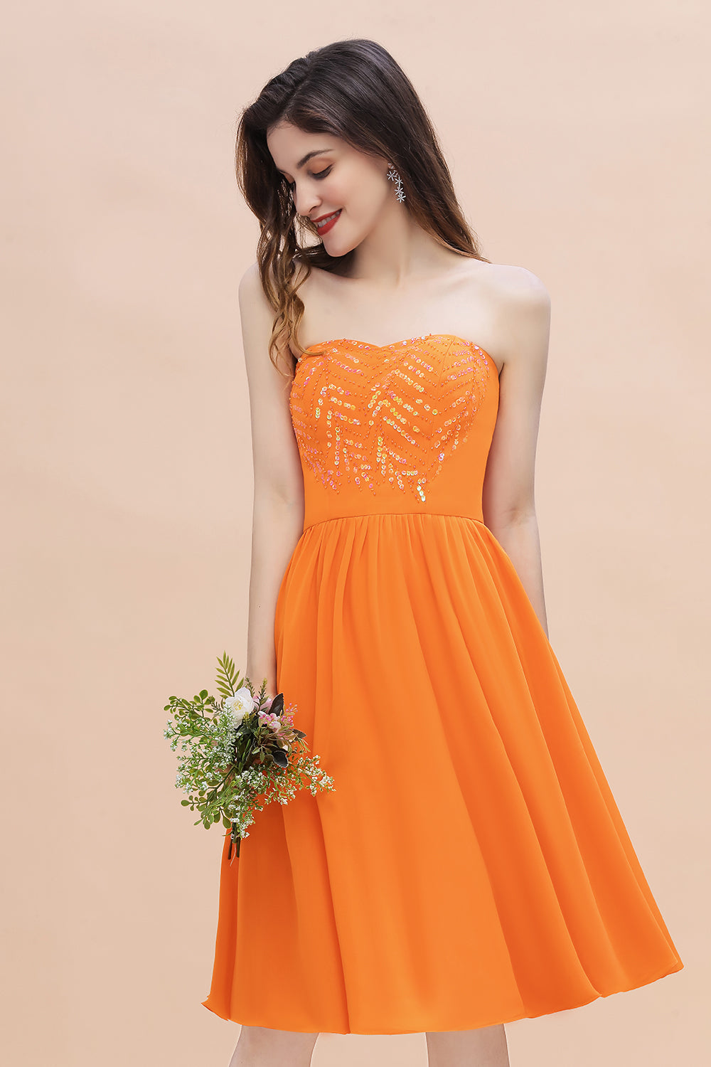 Pretty Strapless Sweetheart Chiffon Sequins Short Bridesmaid Dresses with Ruffles - Fashionpara