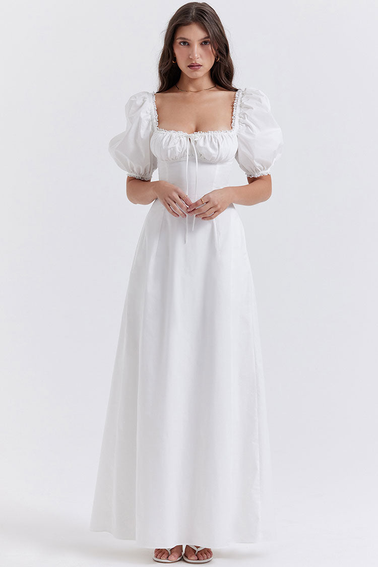 Pretty Tie Neck Puff Sleeve Solid White Puff Sleeve Summer Maxi Sundress - White - Fashionpara