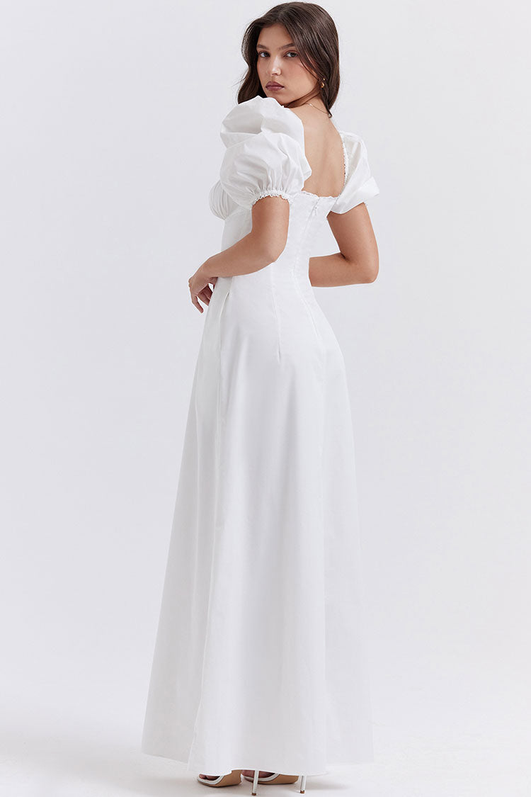 Pretty Tie Neck Puff Sleeve Solid White Puff Sleeve Summer Maxi Sundress - White - Fashionpara