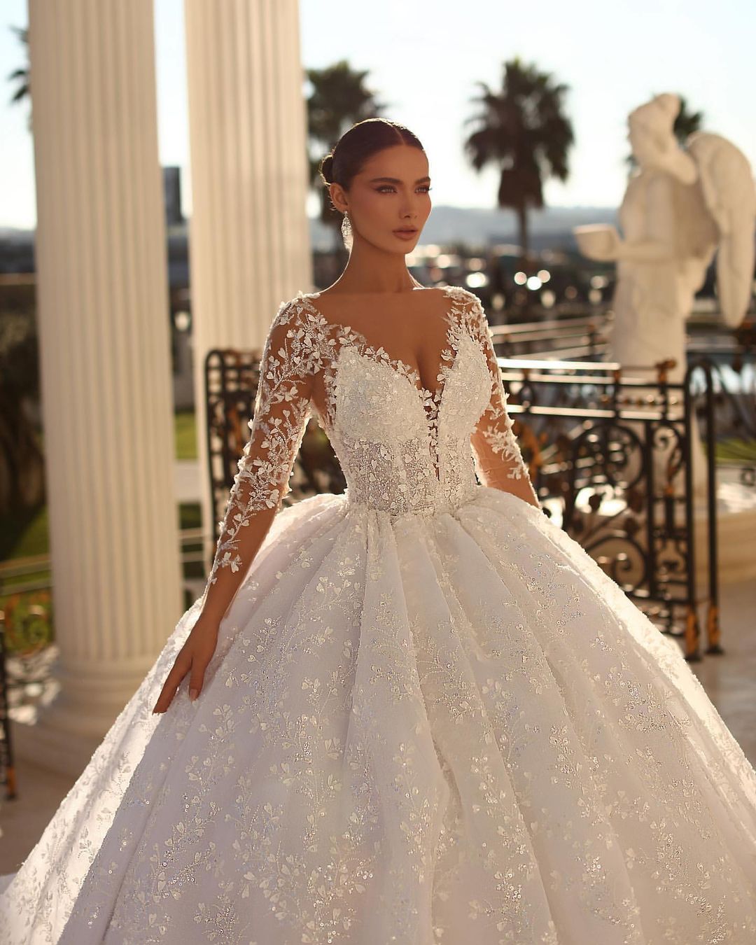 Princess-Inspired Long White A-line V-neck Lace Wedding Dress with Graceful Long Sleeves