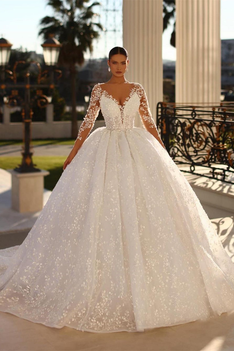 Princess-Inspired Long White A-line V-neck Lace Wedding Dress with Graceful Long Sleeves