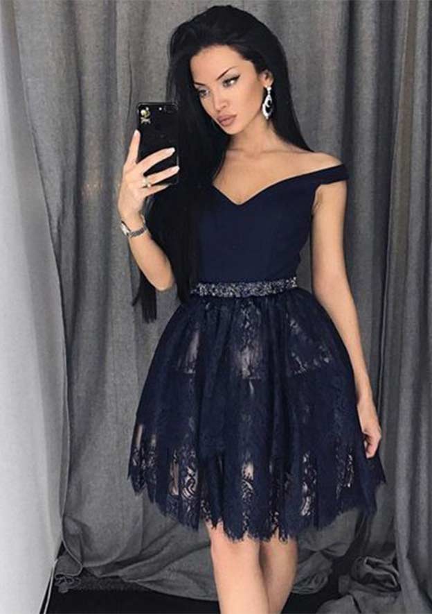 Princess Off-the-Shoulder Sleeveless Lace Homecoming Dress with Beading