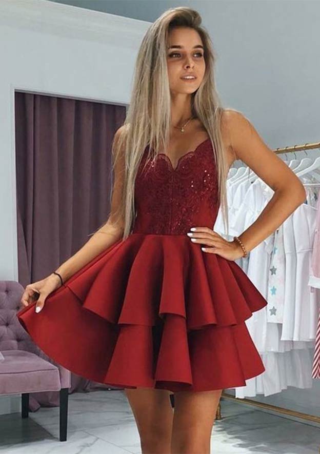 Princess V Neck Satin Homecoming Dress with Appliqued Beading