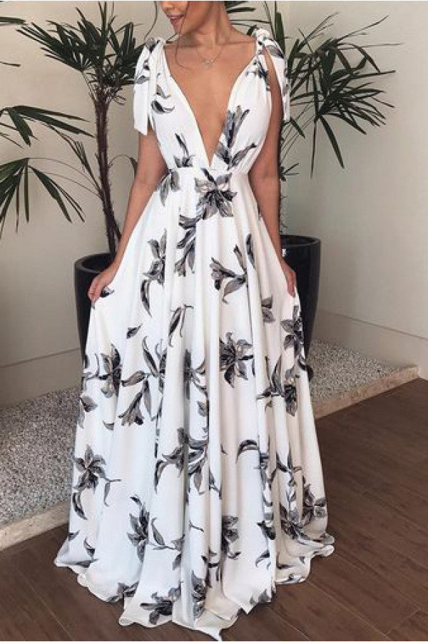 Floral V-neck Tie Shoulder Maxi Dress - Mislish