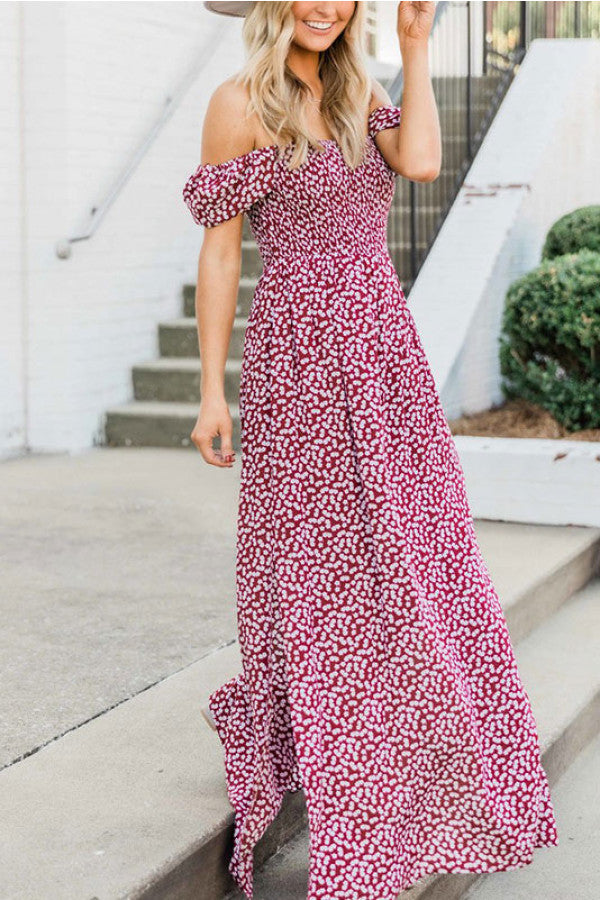 Off-the-shoulder Print Slit Maxi Dress - Mislish