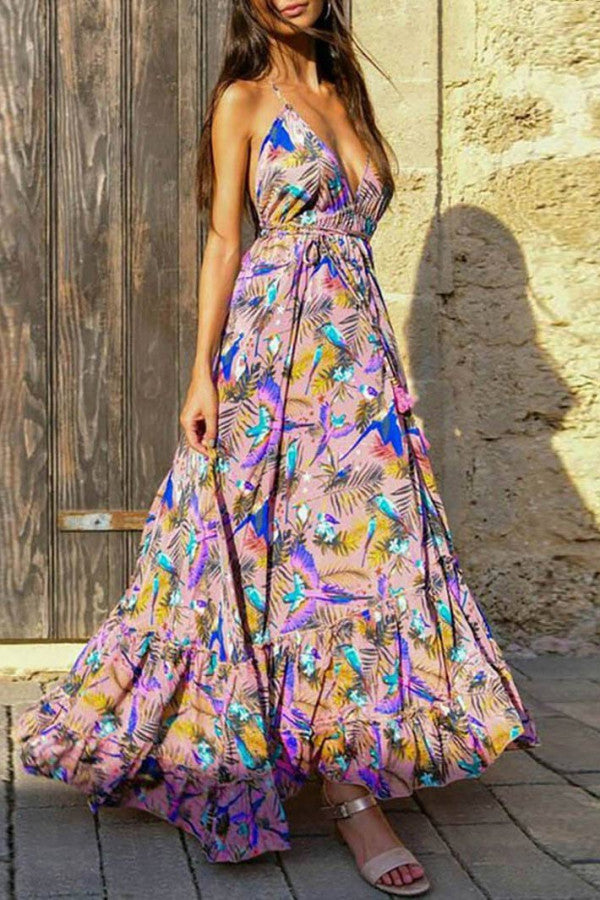 Printed Open Back Maxi Dress - Mislish