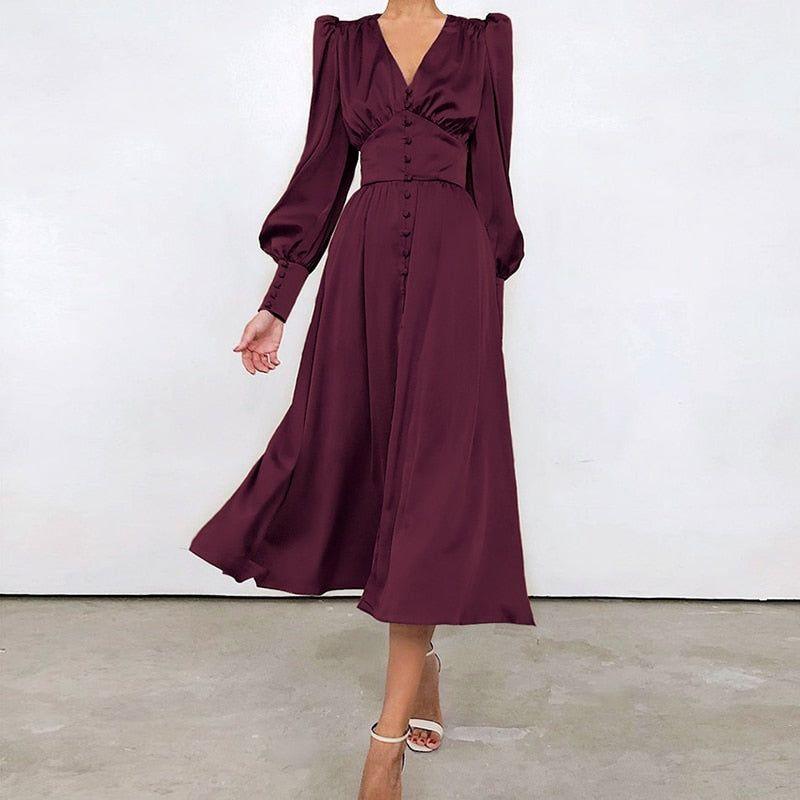 Angela Lantern Sleeve Satin Midi Dress - Dresses - Mermaid Way