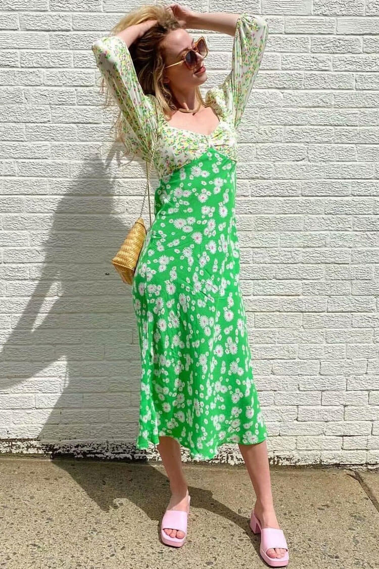 Puff Sleeve Ditsy Floral Patchwork Printed Midi Dress - Green - Fashionpara