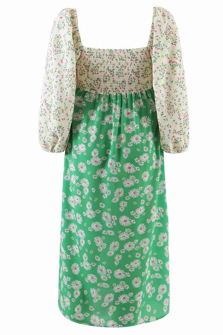 Puff Sleeve Ditsy Floral Patchwork Printed Midi Dress - Green - Fashionpara