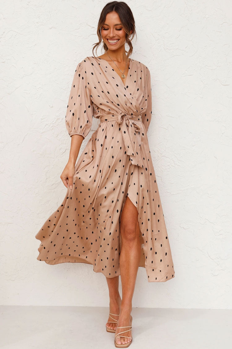 Puff Sleeve Dotted V Neck French Wrap Midi Dress - Khaki - Fashionpara