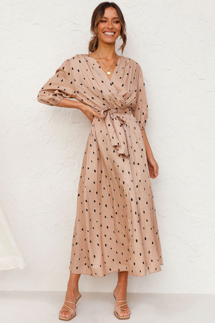 Puff Sleeve Dotted V Neck French Wrap Midi Dress - Khaki - Fashionpara