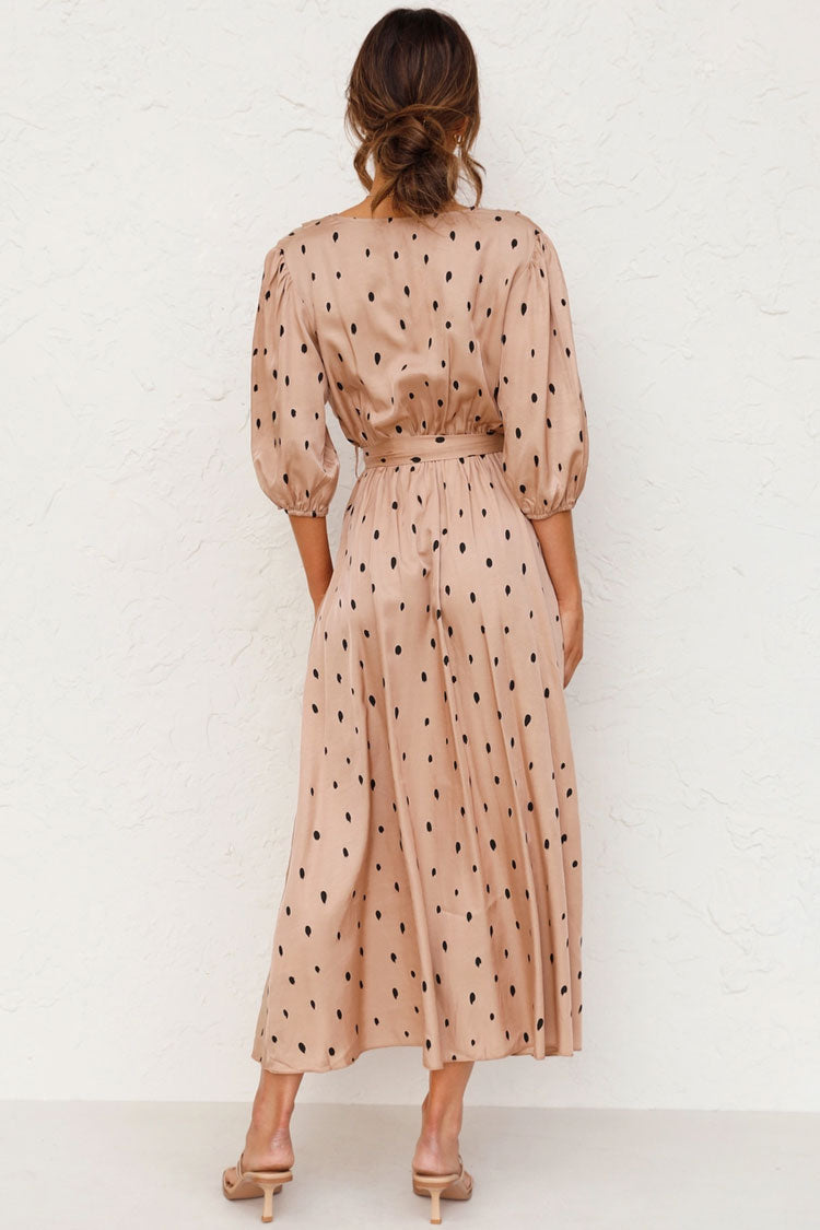 Puff Sleeve Dotted V Neck French Wrap Midi Dress - Khaki - Fashionpara