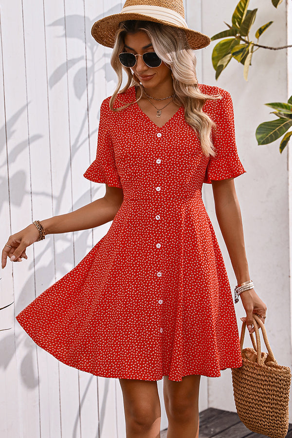 Fashion V Neck Floral Print Button Casual Dress