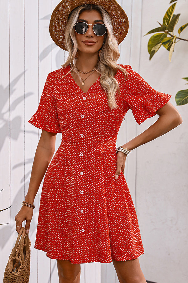 Fashion V Neck Floral Print Button Casual Dress