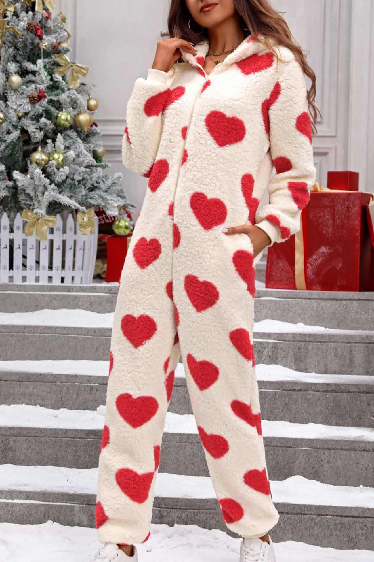 Plush Heart Zip Hooded Jumpsuits