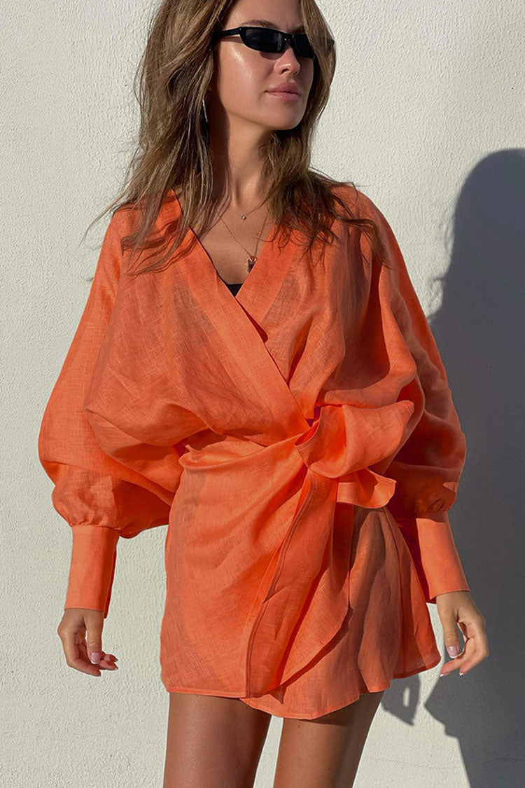 Relaxed Balloon Sleeve Bow Side Linen Wrap Mini Dress - Burnt Orange - Fashionpara