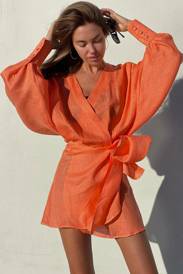 Relaxed Balloon Sleeve Bow Side Linen Wrap Mini Dress - Burnt Orange - Fashionpara