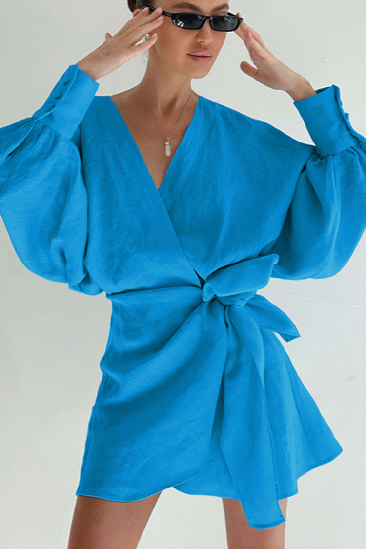 Relaxed Balloon Sleeve Bow Side Linen Wrap Mini Dress - Sky Blue - Fashionpara