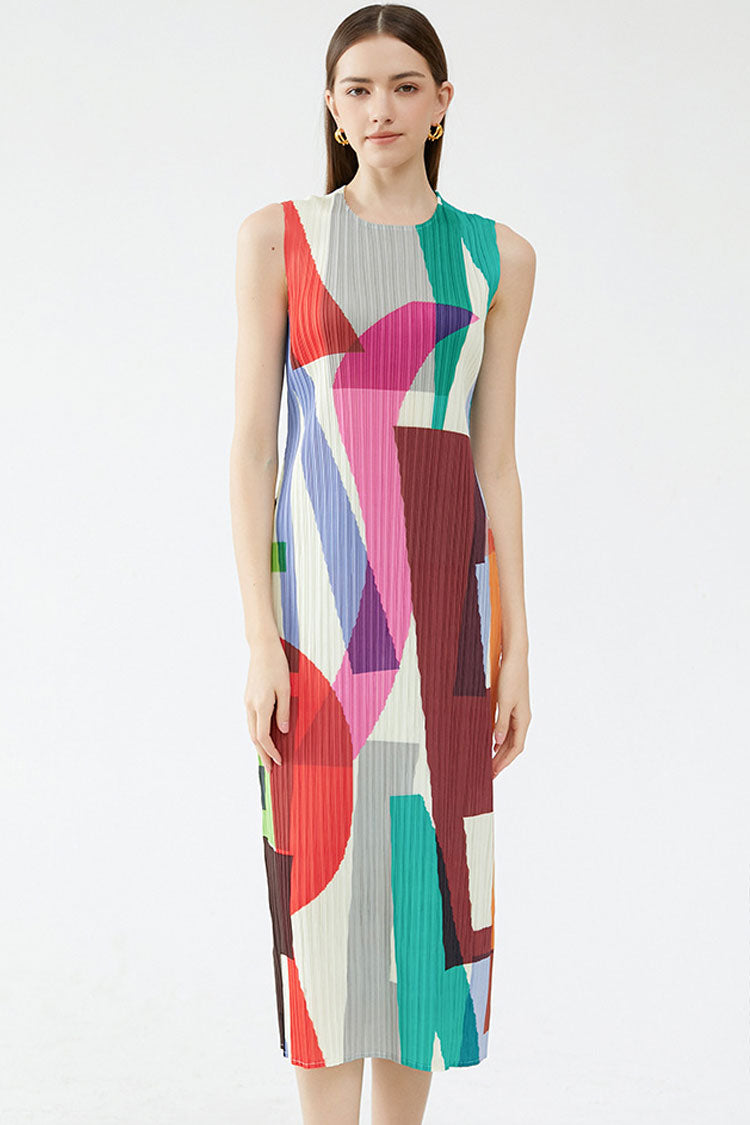 Relaxed Color Block Sheath Pleated Sleeveless Midi Dress - Multicolor - Fashionpara