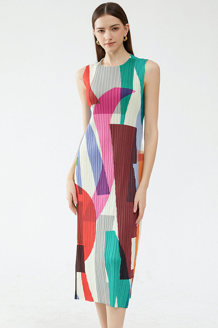 Relaxed Color Block Sheath Pleated Sleeveless Midi Dress - Multicolor - Fashionpara