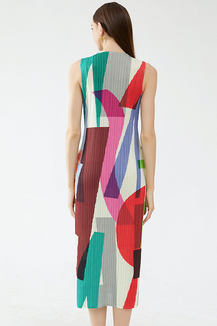 Relaxed Color Block Sheath Pleated Sleeveless Midi Dress - Multicolor - Fashionpara