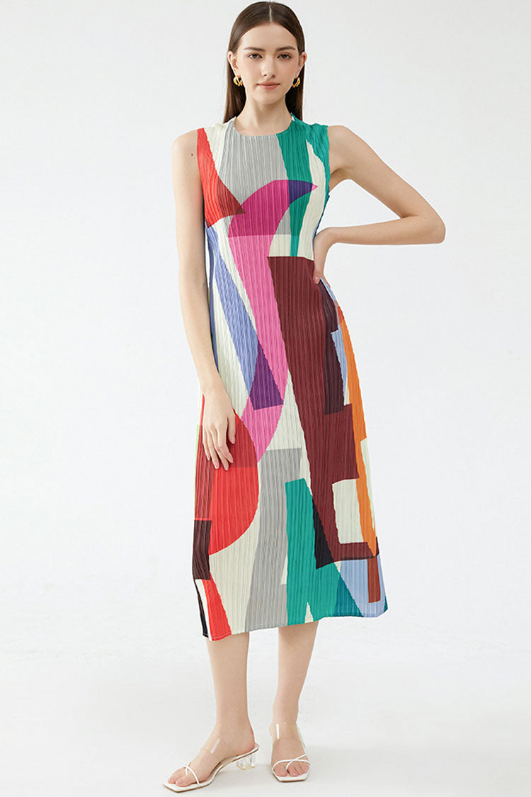 Relaxed Color Block Sheath Pleated Sleeveless Midi Dress - Multicolor - Fashionpara