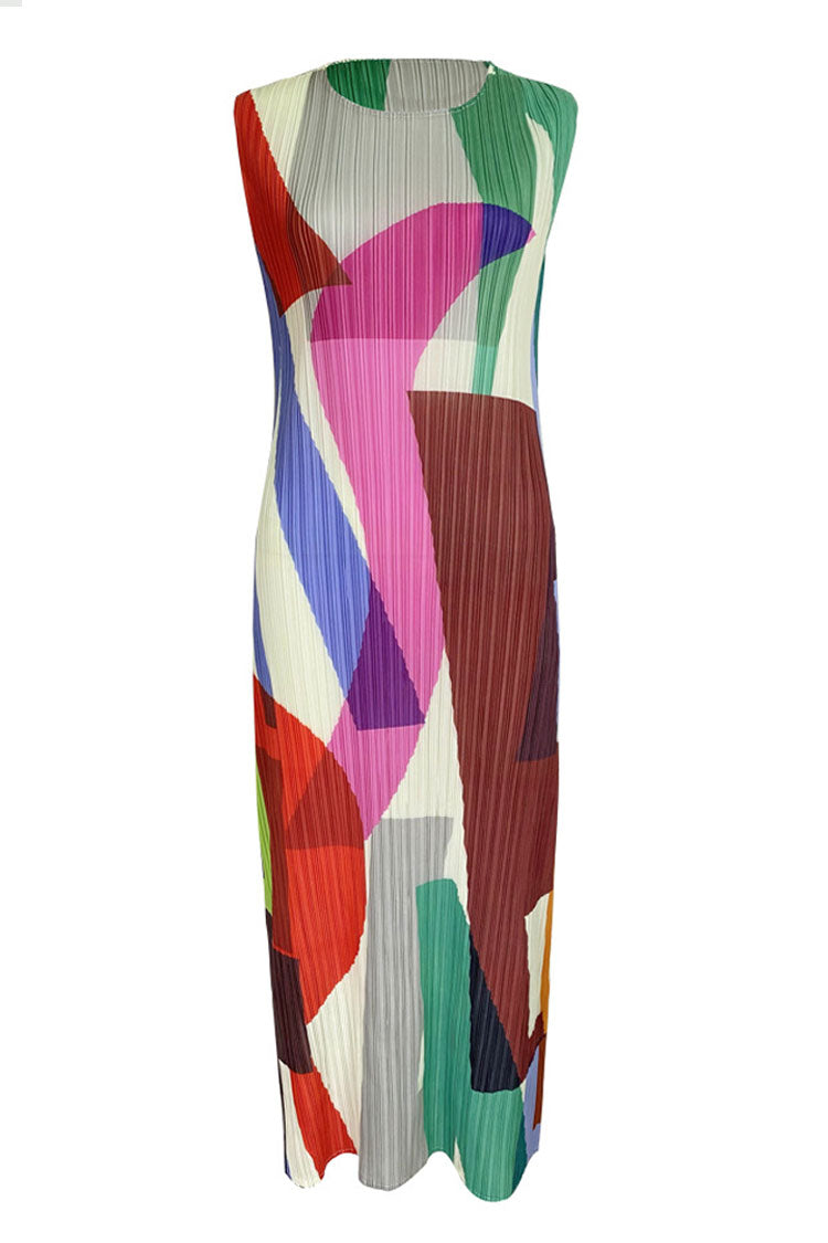 Relaxed Color Block Sheath Pleated Sleeveless Midi Dress - Multicolor - Fashionpara