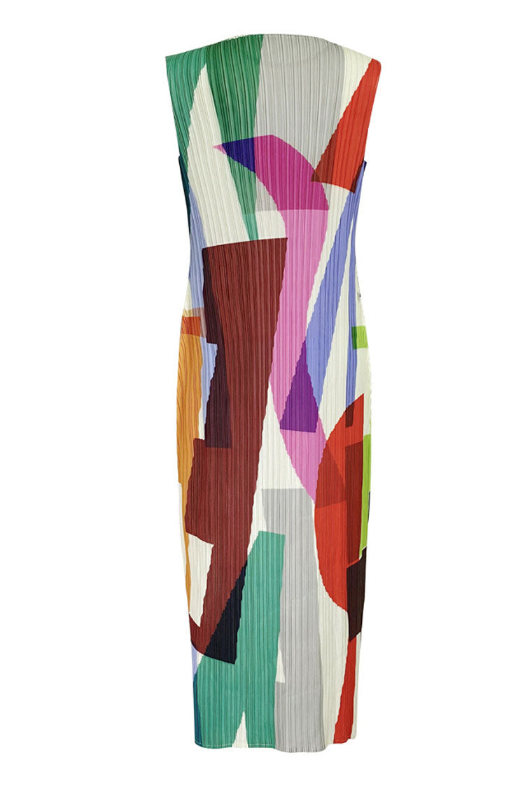 Relaxed Color Block Sheath Pleated Sleeveless Midi Dress - Multicolor - Fashionpara